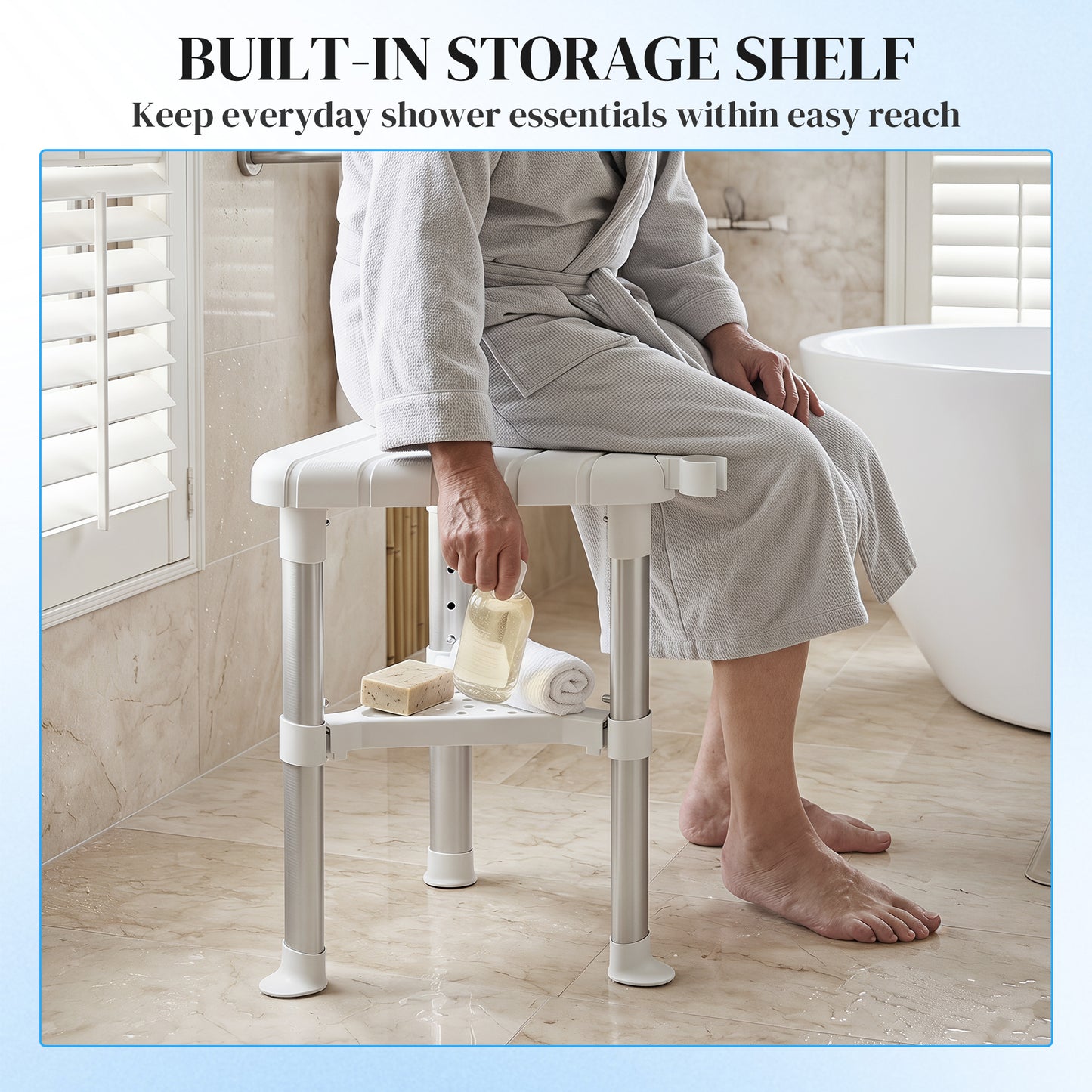HOMCOM Shower Stool, Aluminium Alloy Corner Shower Chair with Storage Shelf and HDPE Seat, Adjustable Height, White