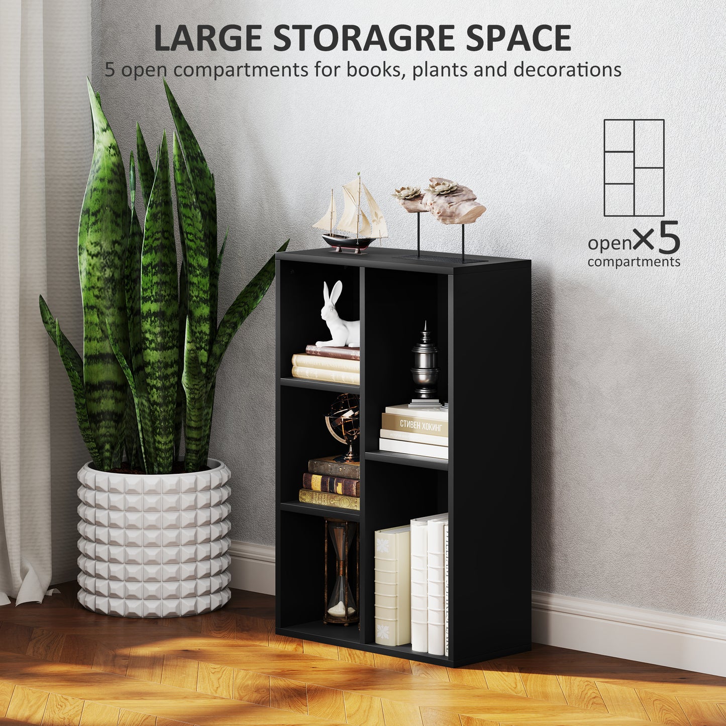 HOMCOM 2-Tier Bookshelf with 5 Compartments - Black