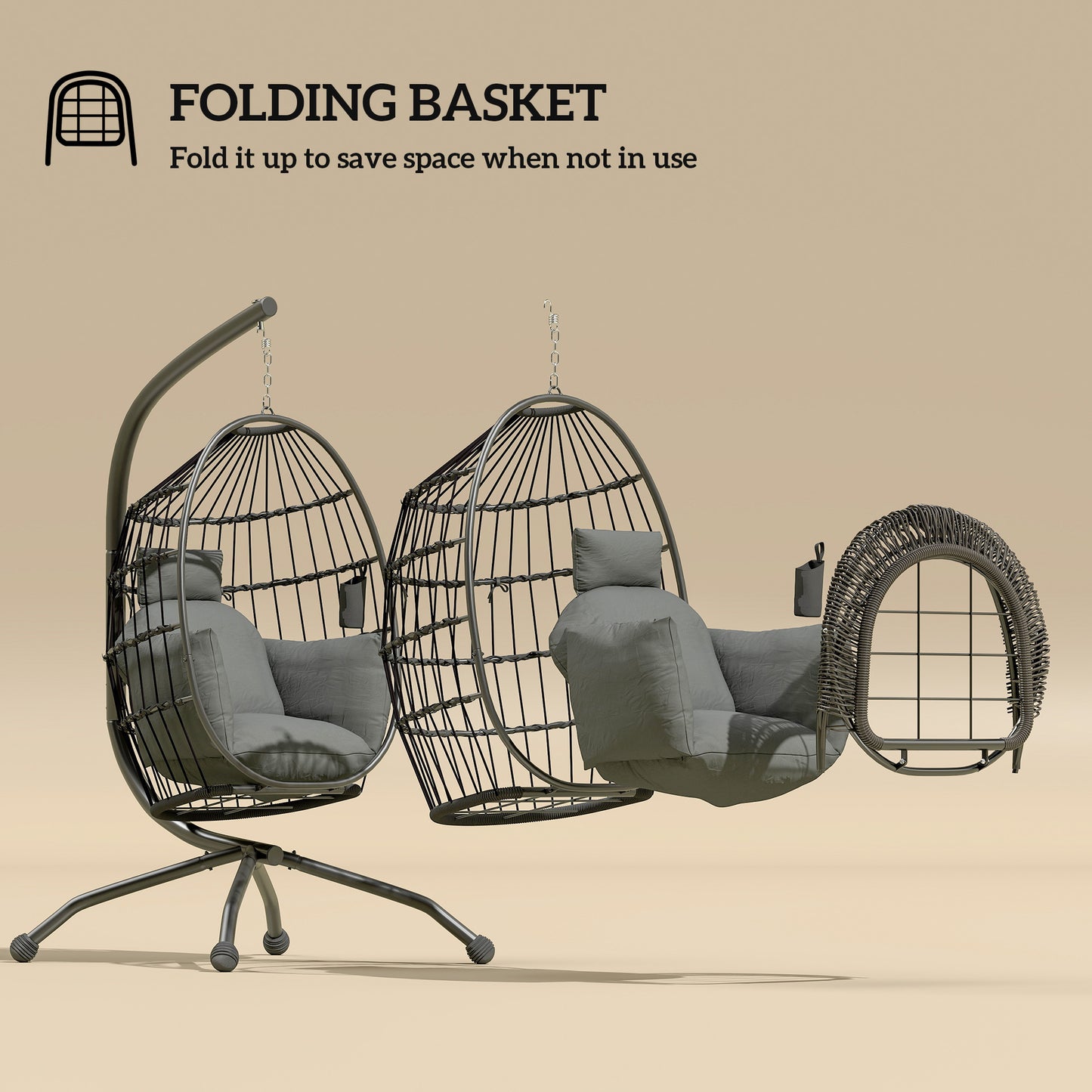 Outsunny Hanging Egg Chair Outdoor Indoor Garden Swing Chair with Folding Basket and Thickened Cushion, Garden Hanging Chair with Stand, Headrest, Cup Holder for Patio, Balcony, Dark Grey