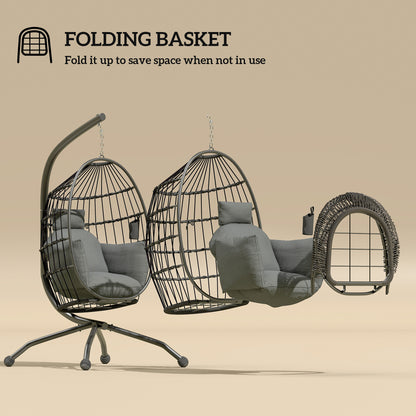 Outsunny Hanging Egg Chair Outdoor Indoor Garden Swing Chair with Folding Basket and Thickened Cushion, Garden Hanging Chair with Stand, Headrest, Cup Holder for Patio, Balcony, Dark Grey