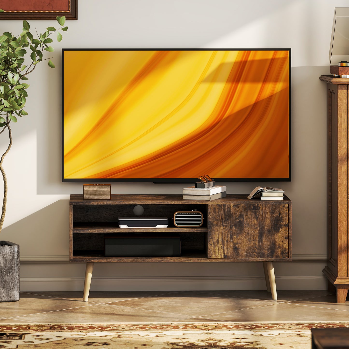HOMCOM TV Stand up to 55 Inches, TV Unit with Open Shelves and Cable Holes - Brown
