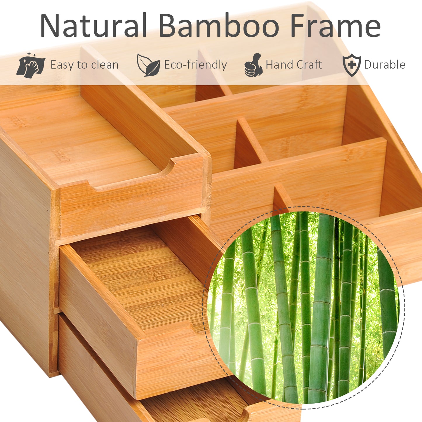 HOMCOM Desk Organiser Holder, Bamboo Multi-Function Storage Caddy with 7 Storage Compartments and 2 Drawers for Home Office Stationary Supplies, Natural Bamboo--ChewyGames-ChewyGames