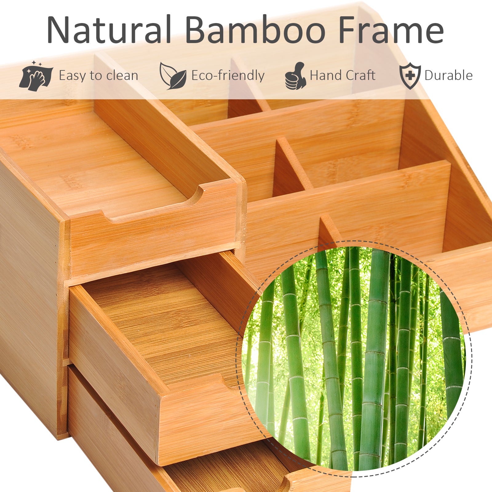 HOMCOM Desk Organiser Holder, Bamboo Multi-Function Storage Caddy with 7 Storage Compartments and 2 Drawers for Home Office Stationary Supplies, Natural Bamboo--ChewyGames-ChewyGames