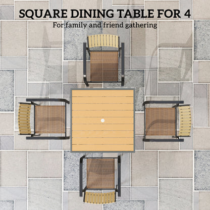 Outsunny Garden Table for 4, 90 cm Rectangular Outdoor Dining Table with 4.2 cm Umbrella Hole, Wood Effect Top, Rust Resistant Frame, for Patio, Balcony, Terrace, Natural Wood Finish