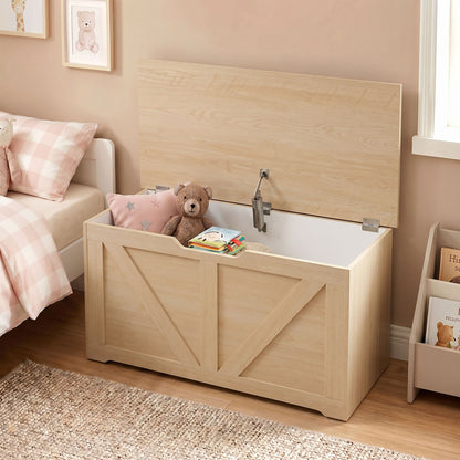 HOMCOM 100L Home Storage Box, with Safety Hinge - Nature Wood Finish