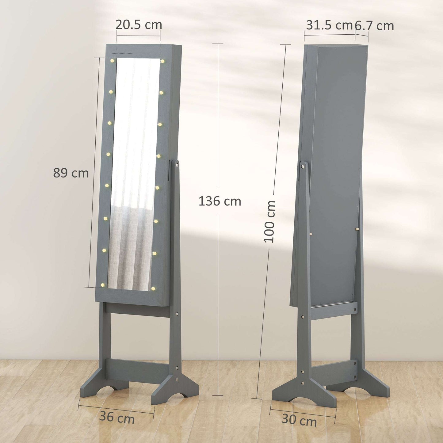 HOMCOM Freestanding Mirrored Jewellery Storage Cabinet - Grey