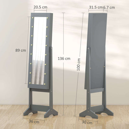 HOMCOM Freestanding Mirrored Jewellery Storage Cabinet - Grey