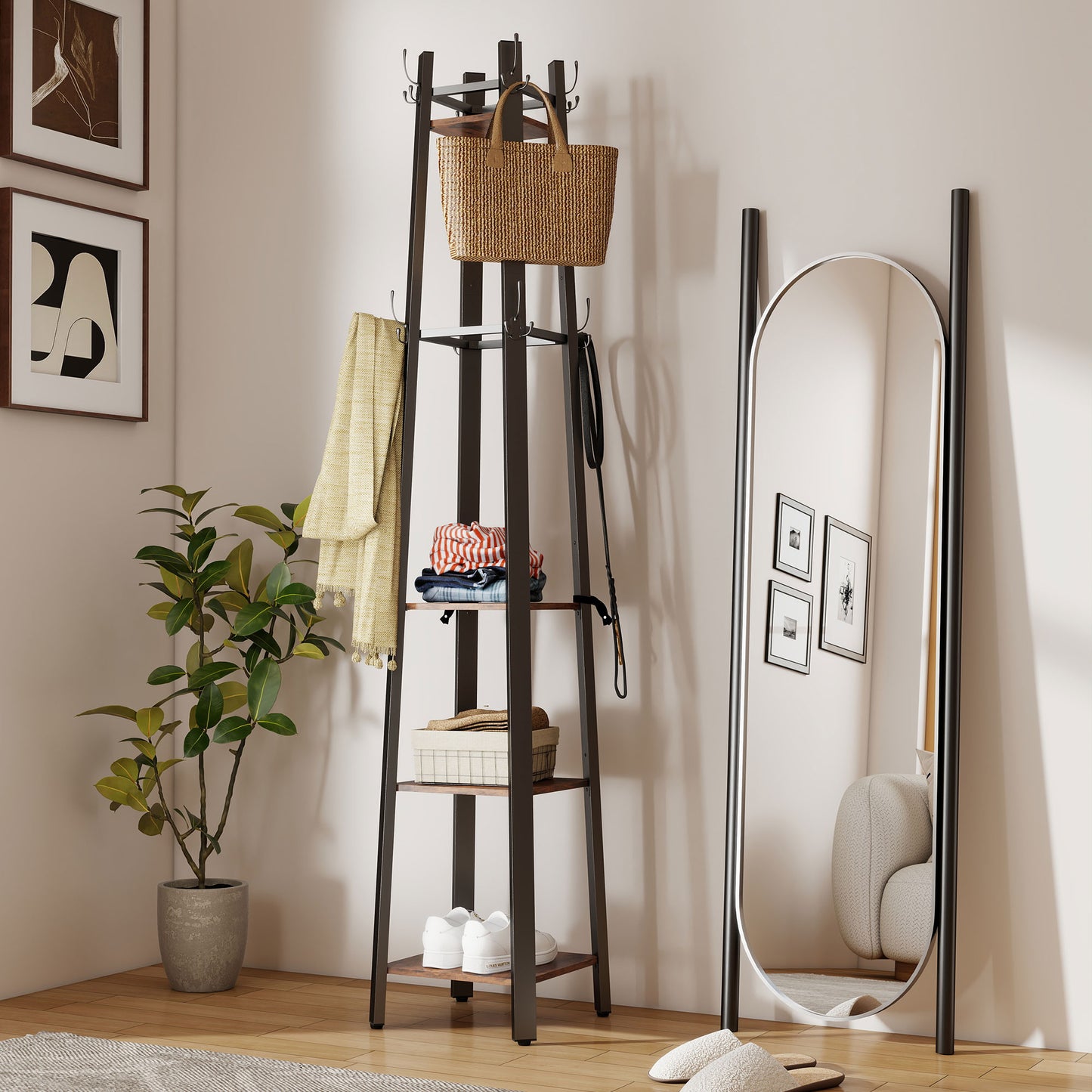 HOMCOM Industrial-Style Four Shelf Coat Stand - Brown/Black