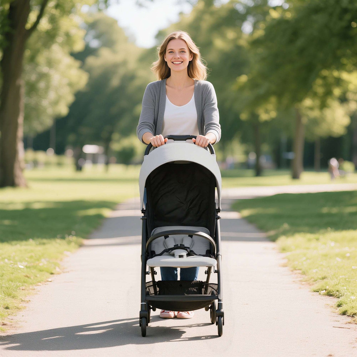 AIYAPLAY Travel Stroller, Lightweight Pushchair, Compact Buggy with Canopy, Basket and Multi-Position Recline, Light Grey