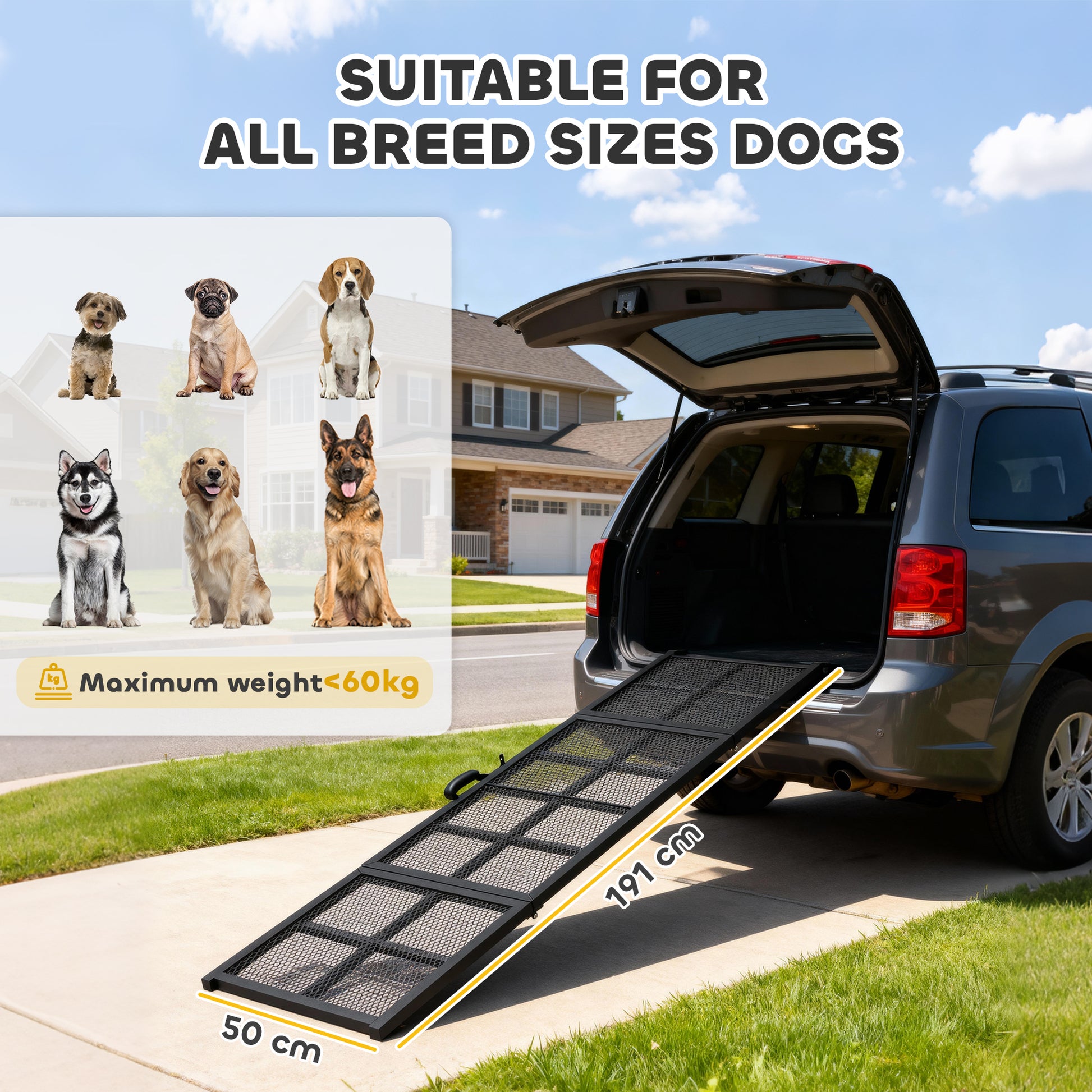 PawHut 191 x 50cm Dog Ramp for Car, Extra Long Pet Stairs with Non-Slip Surface, for Large Dogs, Black--ChewyGames-ChewyGames