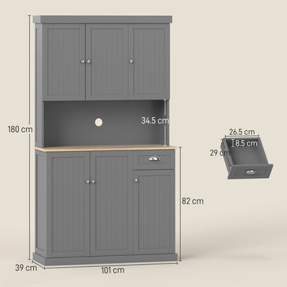 HOMCOM 180cm Freestanding Kitchen Cabinet, Modern Storage Cupboard with Open Countertop, Drawer and 6 Doors, Grey