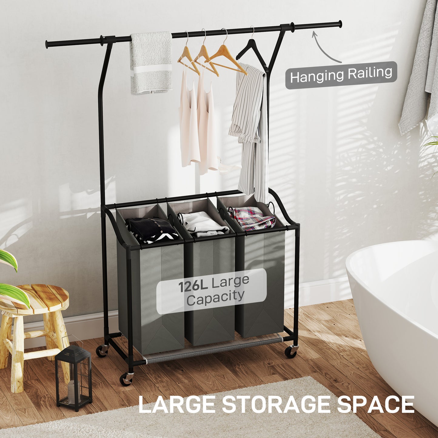 HOMCOM 3x 42L Laundry Basket Unit, with Hanging Rail - Black/Grey