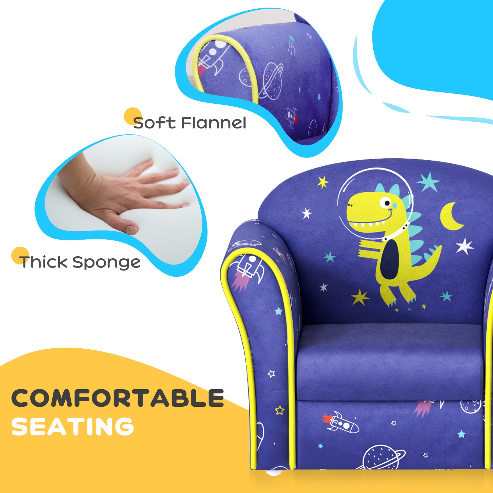 AIYAPLAY Kids Armchair with Planet Dinosaurs Design, Wooden Frame, for Bedroom, Playroom, Kids Room - Blue-Play Sofas-ChewyGames-ChewyGames