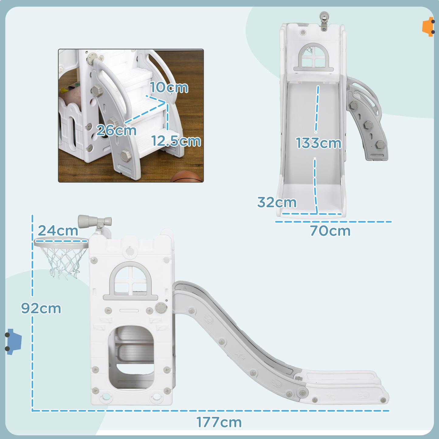 AIYAPLAY 5 in 1 Toddler Slide with Basketball Hoop, Climber, Telescope, Storage Basket, for Ages 1-3 Years, Grey