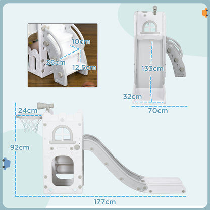 AIYAPLAY 5 in 1 Toddler Slide with Basketball Hoop, Climber, Telescope, Storage Basket, for Ages 1-3 Years, Grey