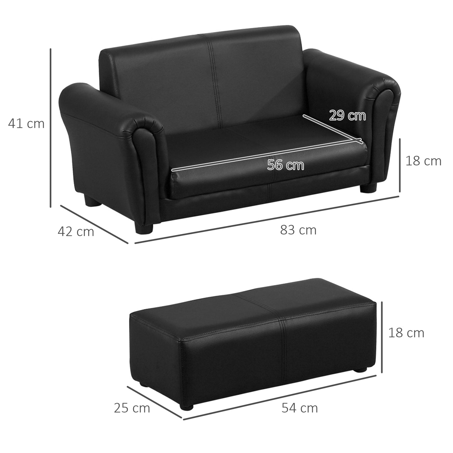 HOMCOM Kids Sofa Bed Kids Twin Sofa Toddler Chair 2 Seater Kids Twin Sofa Chair Boys Girls Couch w/ Footstool (Black)
