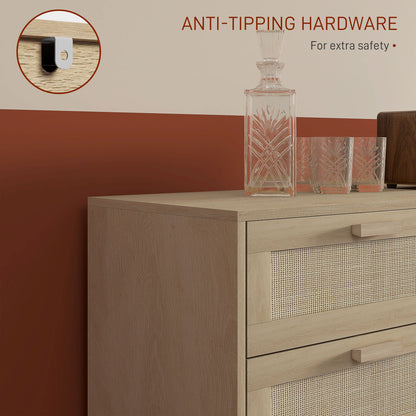 HOMCOM Chest of Drawers, 6-Drawer Dresser, Tall Storage Drawer Unit with Rattan Element for Bedroom, Living Room, Oak