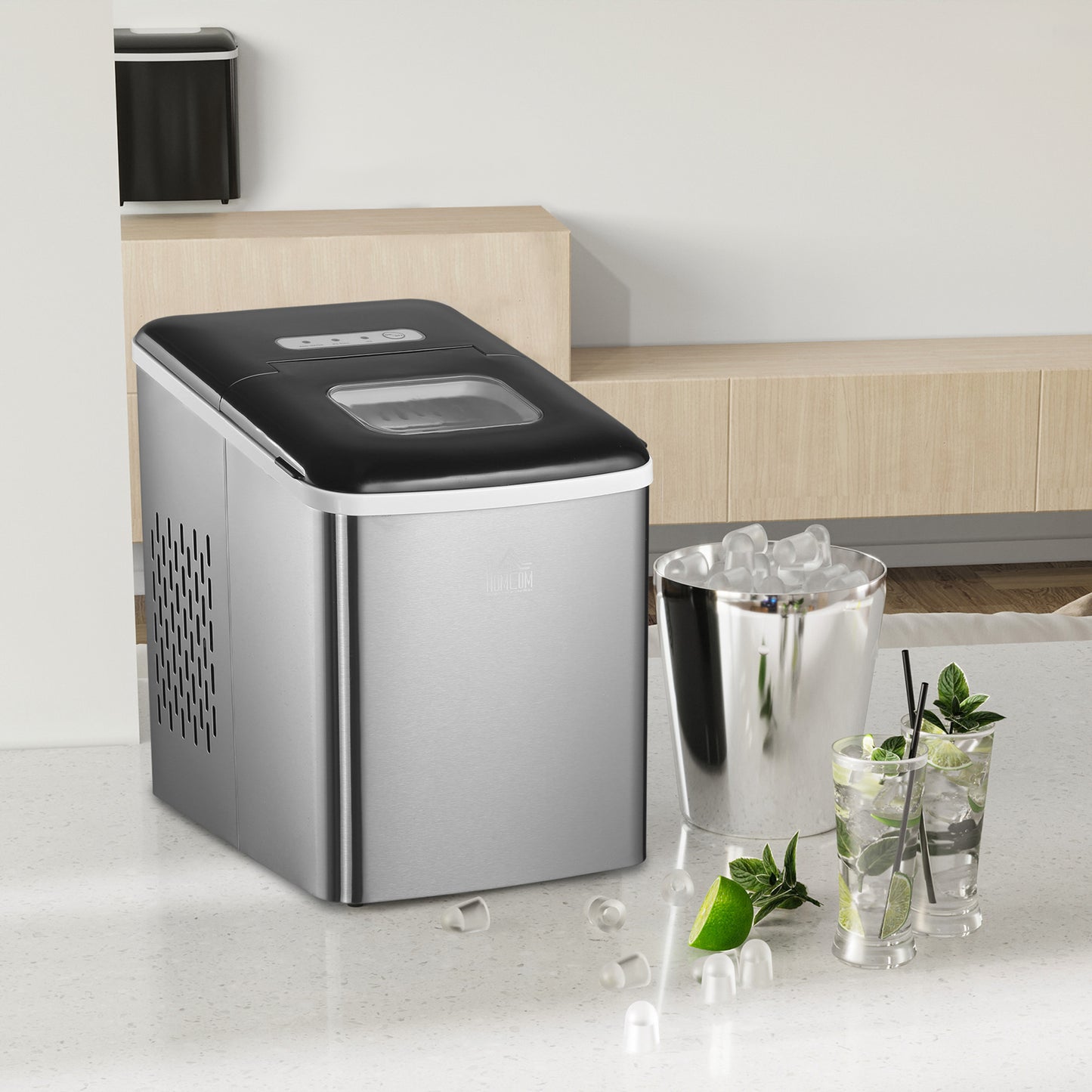 HOMCOM Ice Maker Machine Countertop, 9 Ice Cubes in 8 Mins, 12KG in 24Hrs, Self-Cleaning Portable Ice Cube Maker w/ Adjustable Ice Size, Ice Scoop, Basket, Stainless Steel, No Plumbing Required, Black