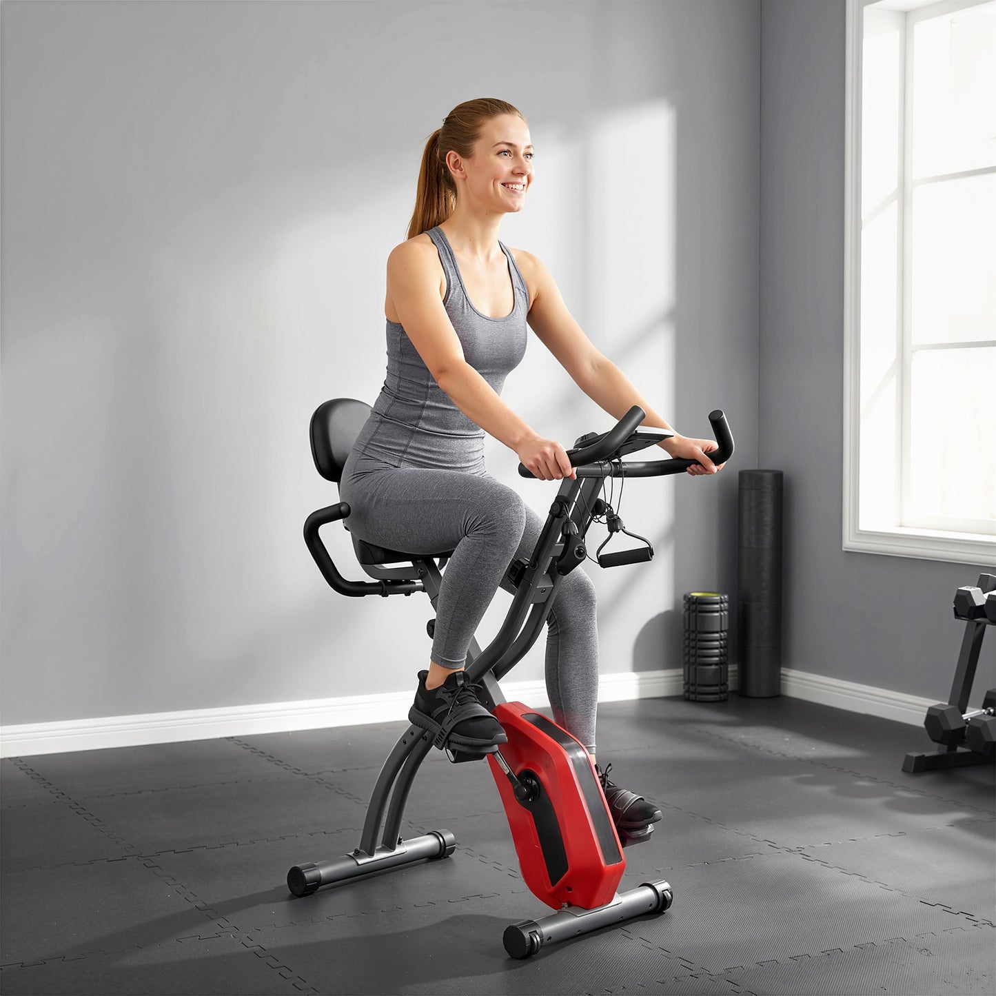 SPORTNOW 4-In-1 Folding Exercise Bike with Resistance Bands, Bluetooth App, 8-Level Magnetic Resistance, LCD Display, Red