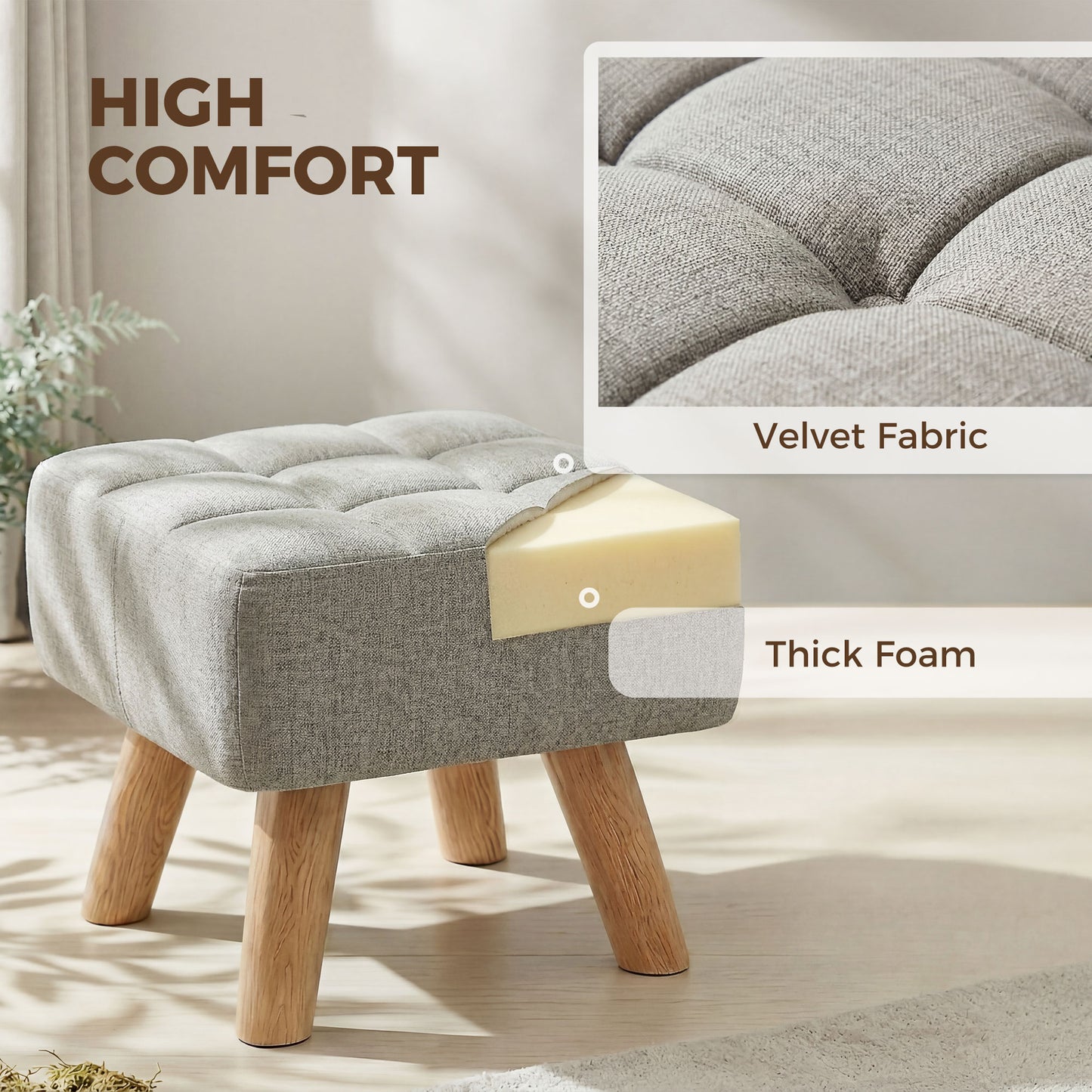 HOMCOM Linen-Look Square Padded Footstool - Light Brown