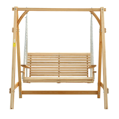 Outsunny 2 Seater Garden Swing Seat, Wooden Swing Chair Bench with Cup Holders for Outdoor Porch Patio, Natural