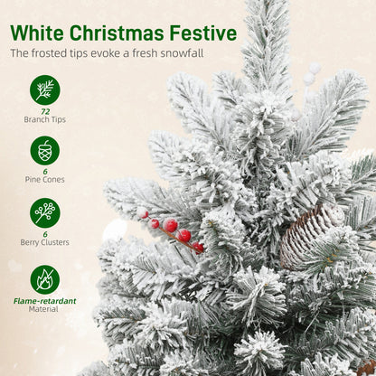 HOMCOM 60 cm Prelit Small Christmas Tree with 35 LED Lights, Snow Flocked Tabletop Mini Xmas Tree with 72 Dense Branches, Pine Cones, Berry Clusters and Linen Cover Base, Battery Operated, Green