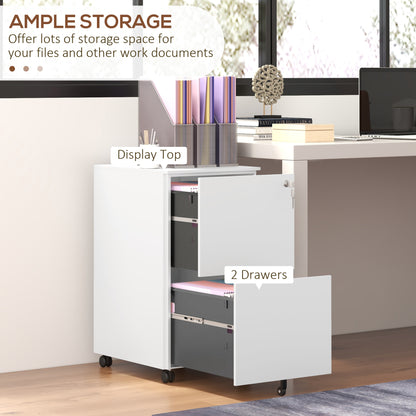 Vinsetto 2-Drawer Filing Cabinet with Lock and 5 Wheels, Steel Mobile File Cabinet, for A4, Legal and Letter Size, Pre-Assembled Body, White