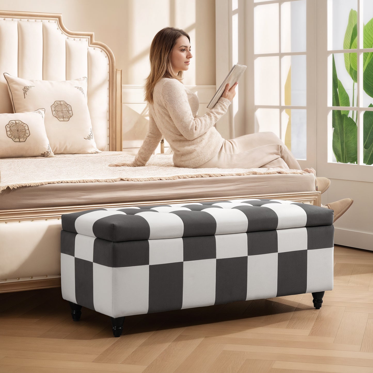 HOMCOM Storage Ottoman, Storage Bench with Wood Legs, Footstool, Footrest with Velvet Surface for Bedroom, Hallway, Living Room, 114 x 47 x 47 cm, Dark Grey and White