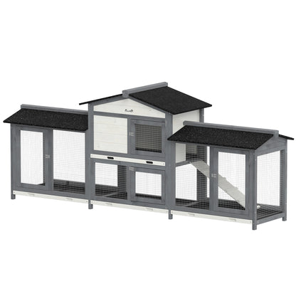 PawHut 2-Tier Large Rabbit Hutch Outdoor with Double Side Run Boxes, No-leak Plastic Tray, Ramp, 230 x 53 x 93.5cm, Light Grey