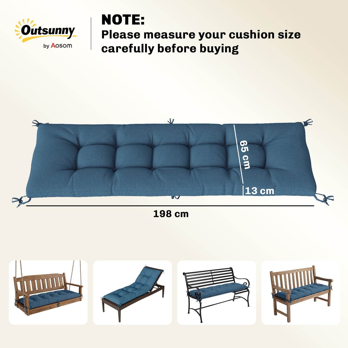 Outsunny Sun Lounger Cushion, Memory Foam Patio Chair Cushion with Ties, Outdoor Seat Pad Fits 190 x 60 cm Lounger, Blue