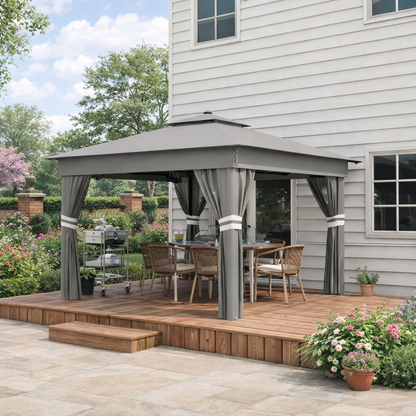 Outsunny 3.36 x 3.36m Pop Up Gazebo Party Tent with Solar-Powered LED Lights, Adjustable Event Shelter with Netting, Grey