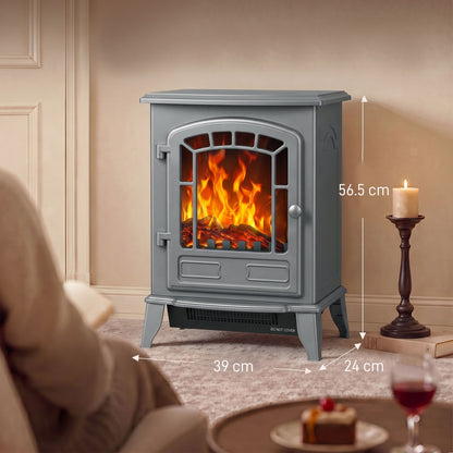 HOMCOM Electric Fireplace Stove, 1000W/2000W, Freestanding Electric Fire with LED Flame Effect, Adjustable Thermostat, Grey