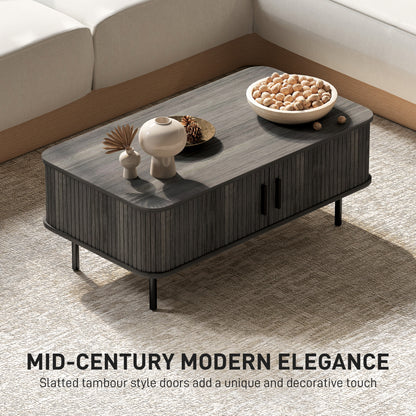 HOMCOM Coffee Table with Storage, Living Room Table with Slatted Tambour Sliding Doors and Foot Pads, Rectangular Coffee Table with Elevated Base for Living Room, Grey Wood-Effect