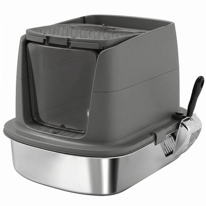 PawHut Large Stainless Steel Litter Box, Enclosed Metal Cat Litter Tray with Scoop, Deodoriser Bag, Front-Entry and Top-Exit