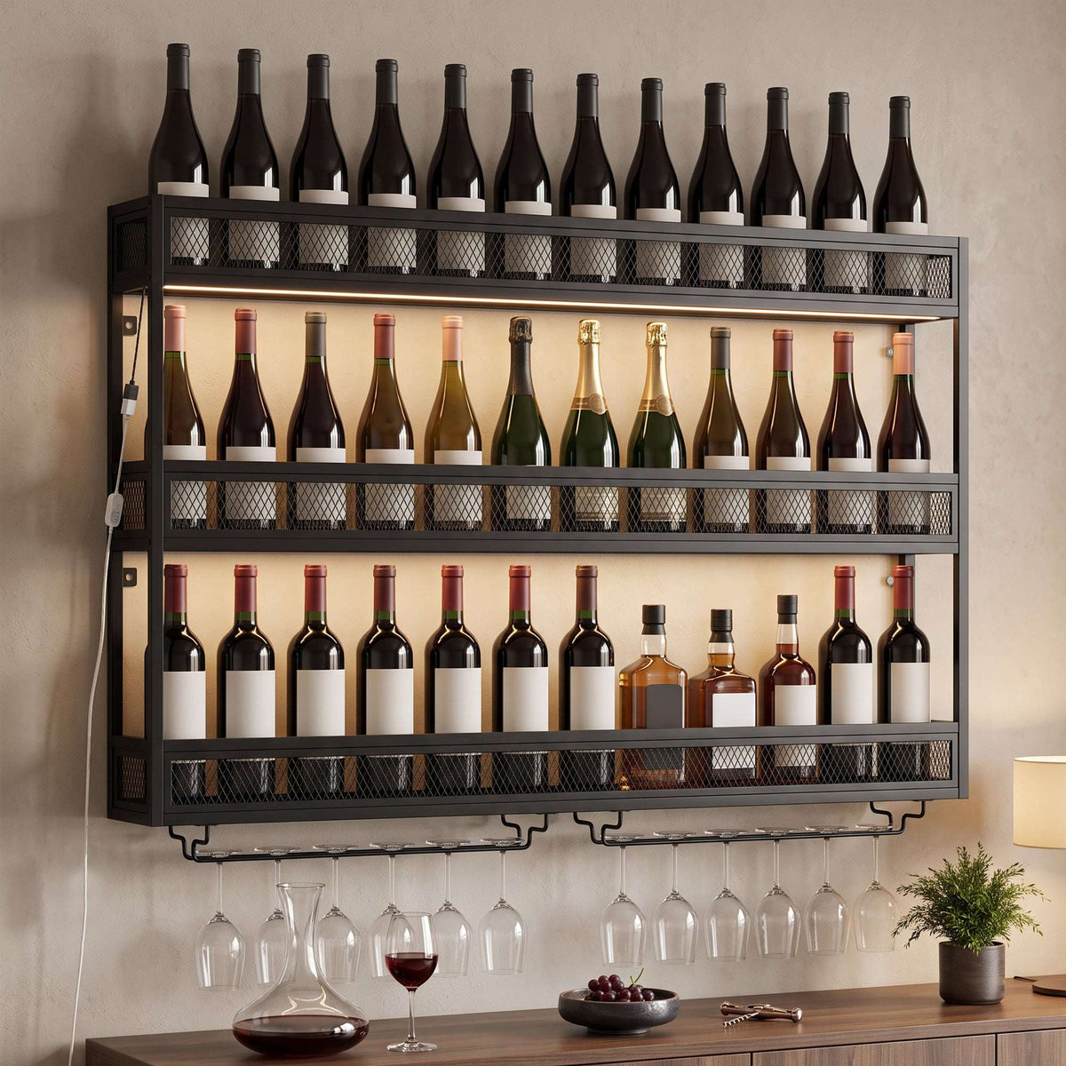 HOMCOM Wall-Mounted Wine Rack with LED Lights, Glass Holders, Open Shelf, Metal Storage Rack, Black