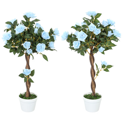 Outsunny Set of 2 Artificial Plants White Rose Floral in Pot, Fake Plants for Home Indoor Decor, 90cm, Light Blue-Artificial Flowering Plants-ChewyGames-ChewyGames