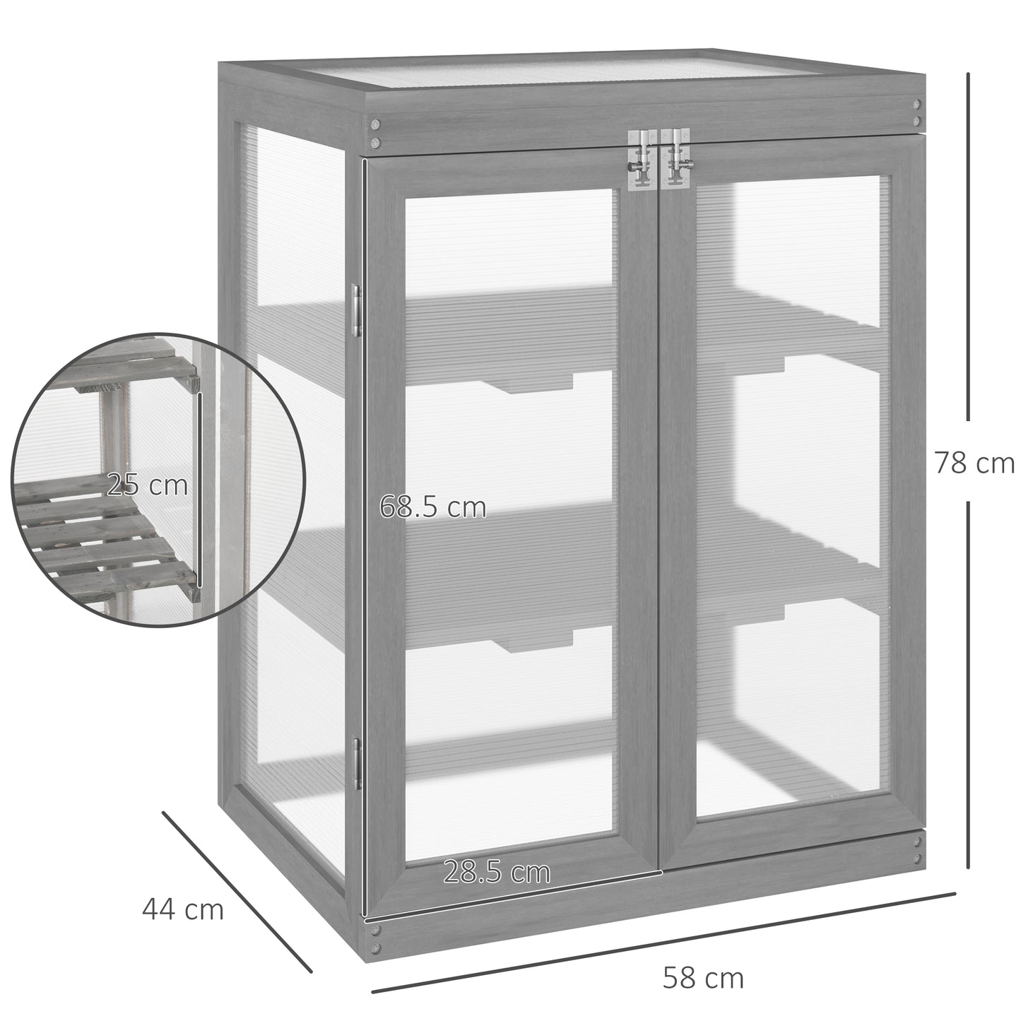 Outsunny 3-tier Wood Greenhouse Garden Polycarbonate Cold Frame Grow House w/ Storage Shelf, Dark Grey