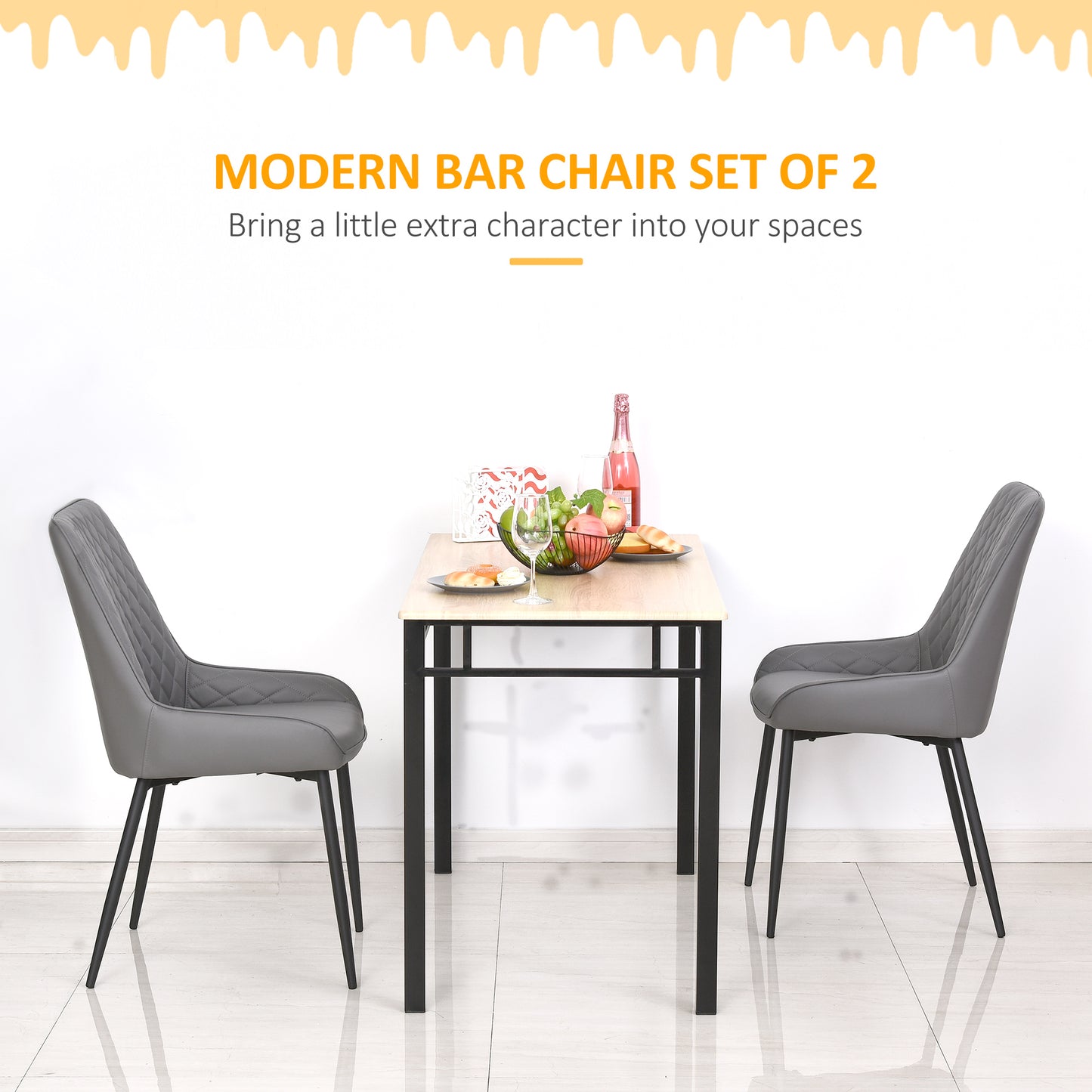 HOMCOM Set Of 2 Quilted PU Leather Dining Chairs with Metal Frame 4 Legs Foot Caps Home Seating Modern Stylish Executive Grey