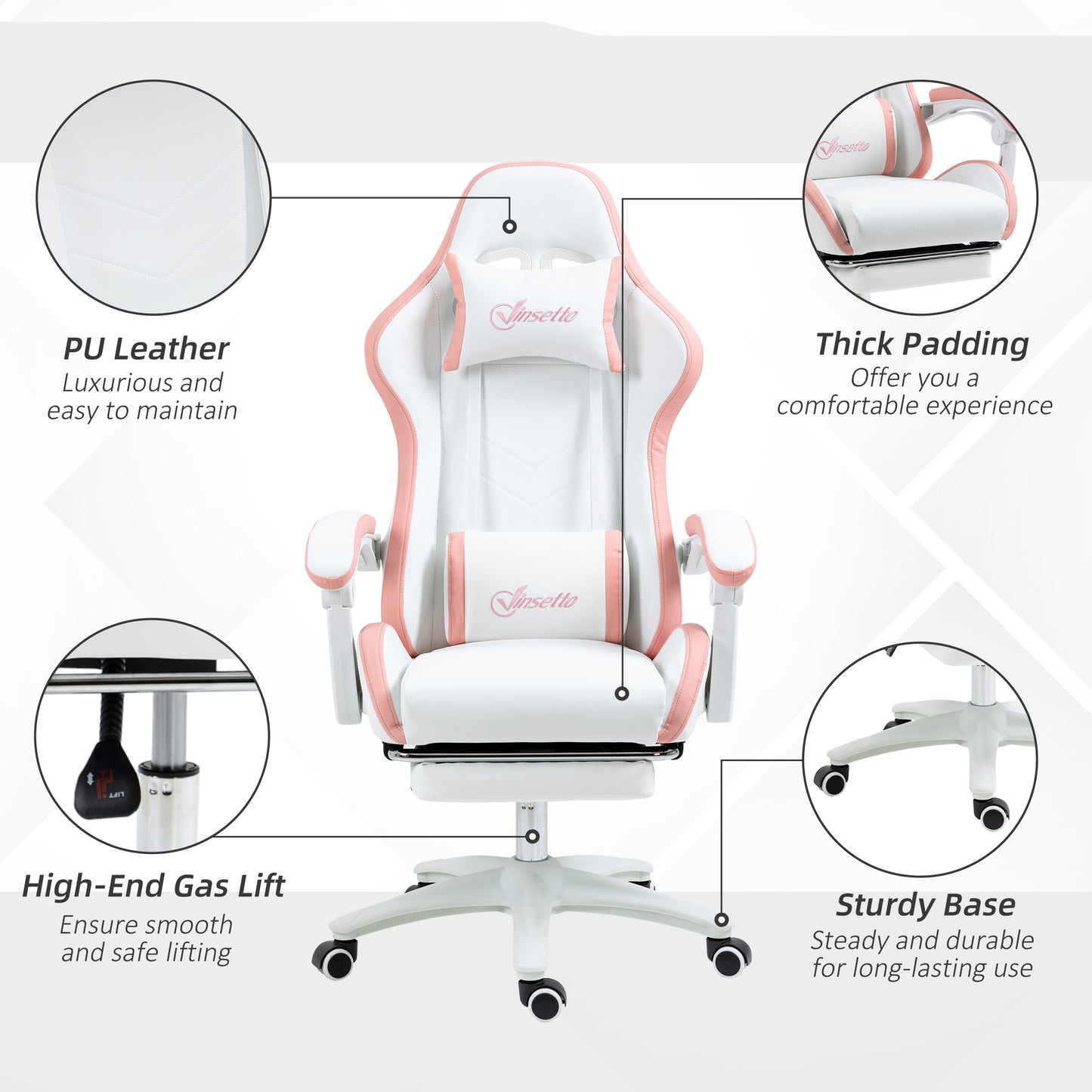 Vinsetto Computer Gaming Chair, PU Leather Office Desk Chair with Footrest, Swivel Wheels, 135° Reclining Back, Lumbar Support, Headrest for Home, White and Pink