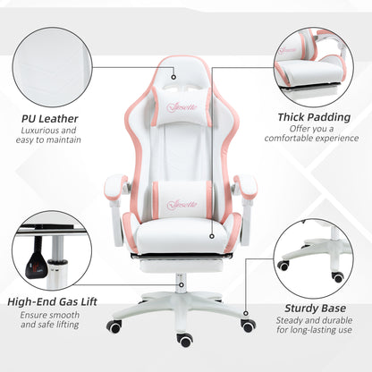Vinsetto Computer Gaming Chair, PU Leather Office Desk Chair with Footrest, Swivel Wheels, 135° Reclining Back, Lumbar Support, Headrest for Home, White and Pink