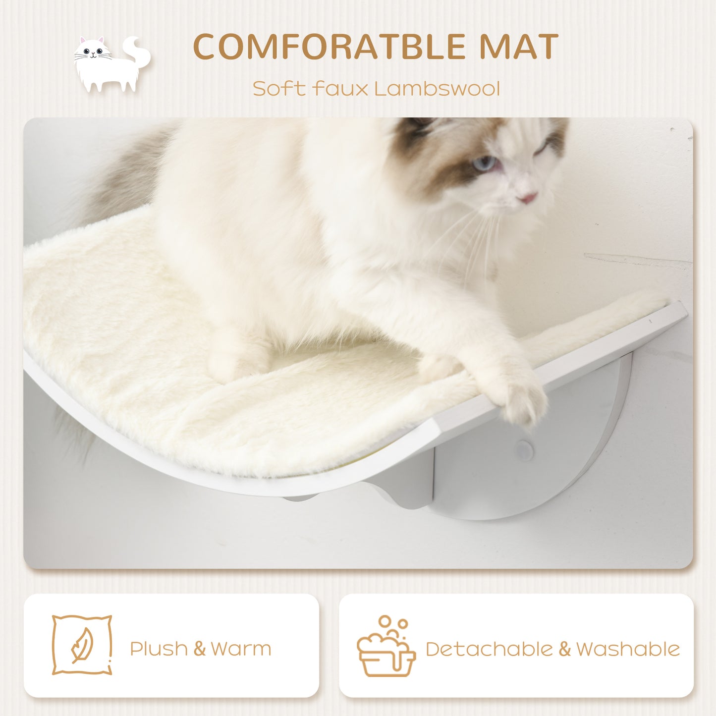 PawHut Wood Cat Shelves, Wall-Mounted Cat Shelter, Curved Kitten Bed Perch Climber Furniture 41 x 28 x 21cm White
