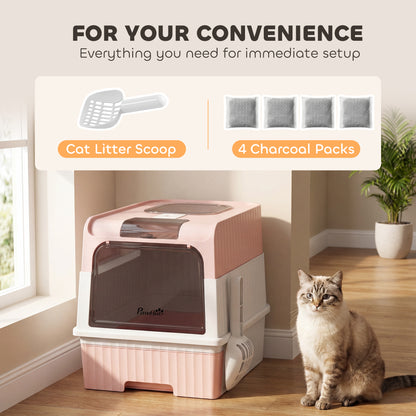 PawHut Enclosed Cat Litter Box with Lid, Pull-Out Drawer Tray, Scoop, 4 Deodorisation Bags, Front Entry & Top Exit, Pink