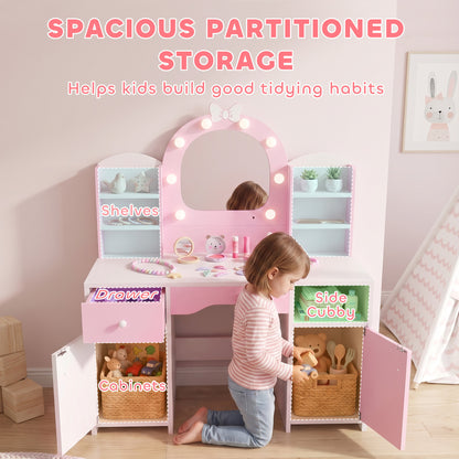 AIYAPLAY Kids Vanity Set, Girls Dressing Table with Stool, 2-Colour Lights Mirror, Cabinet, Drawer and Shelves, Pink