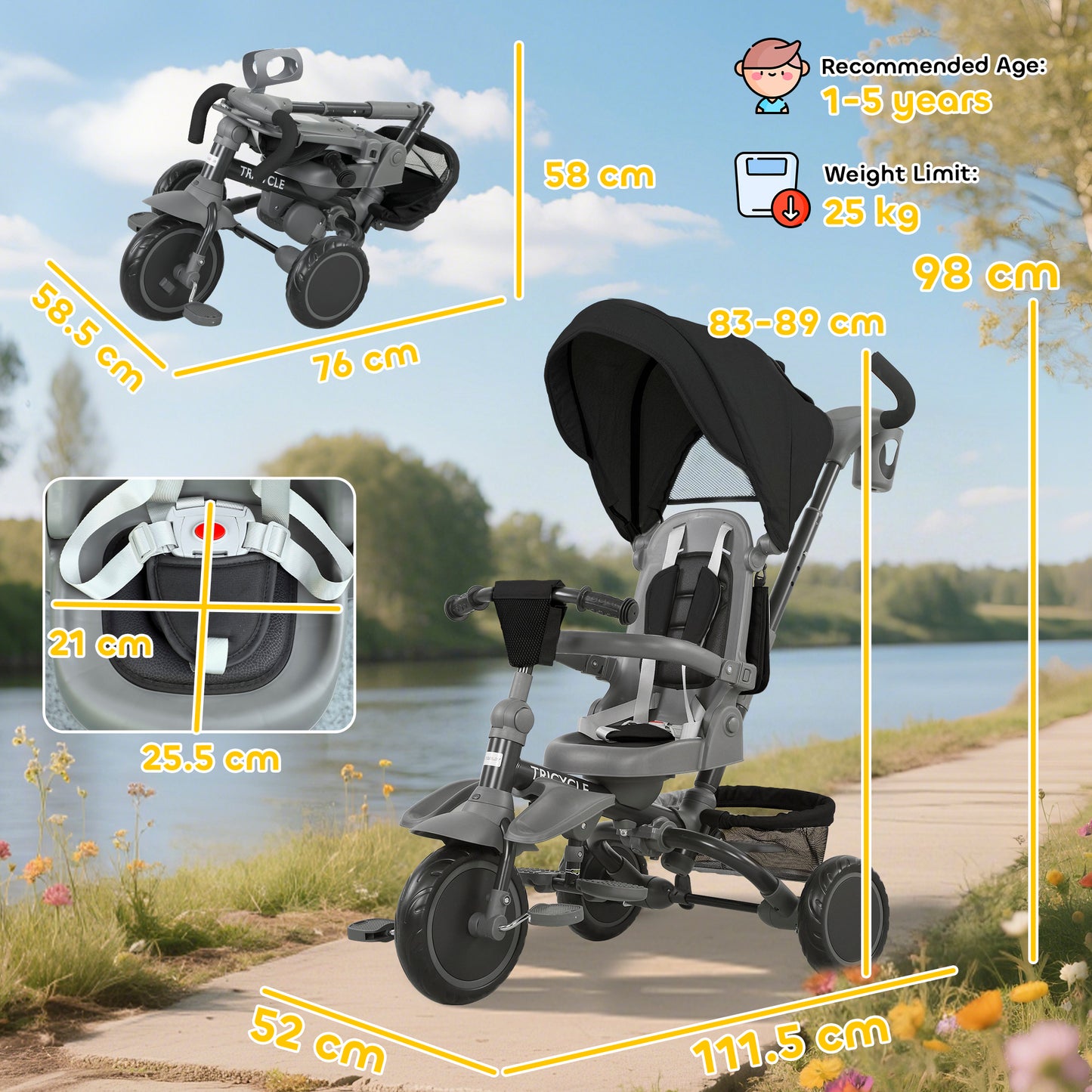 AIYAPLAY 6 in 1 Foldable Kids Trike with Adjustable Parent Handle & Canopy for Ages 1-5, Black