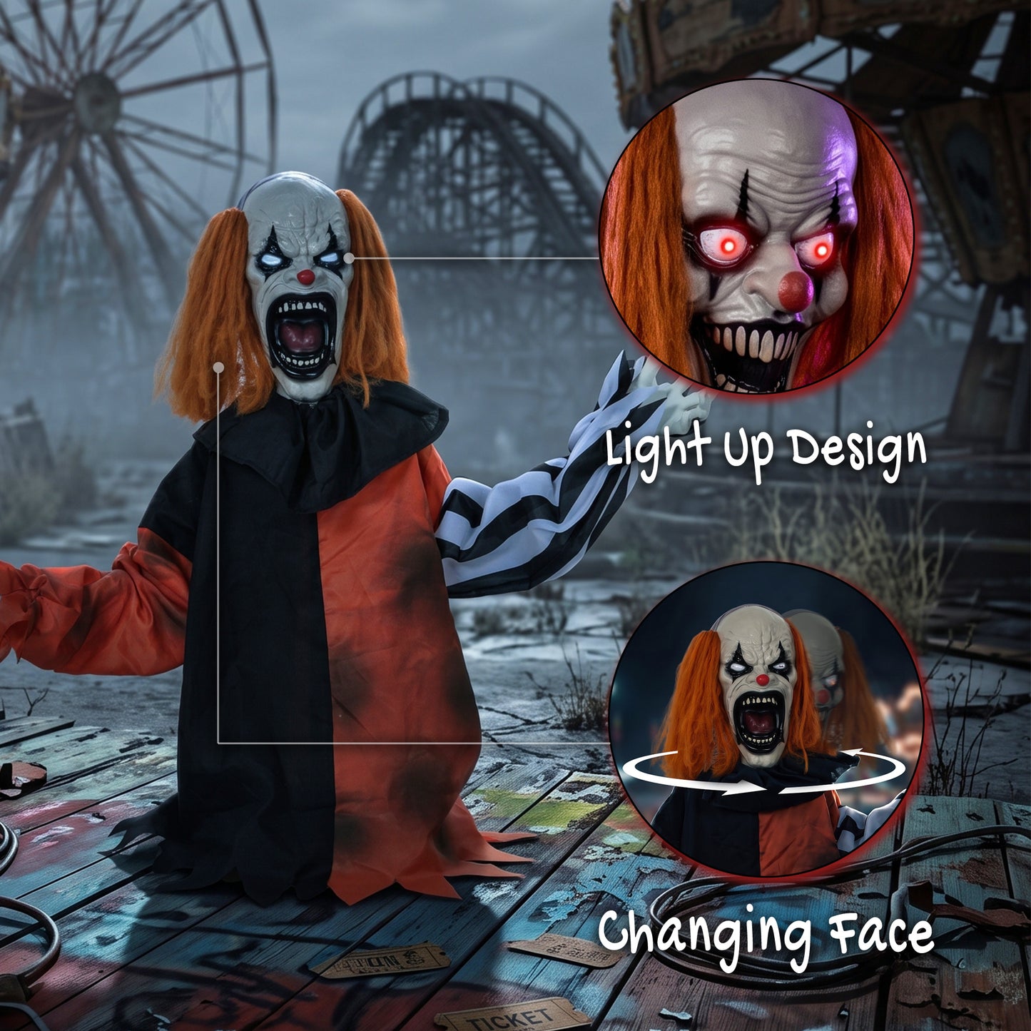 HOMCOM Animated Halloween Face Changing Clown, Animatronic Joker with Cackling Sound, Glowing Eyes, Sound/Touch Activated