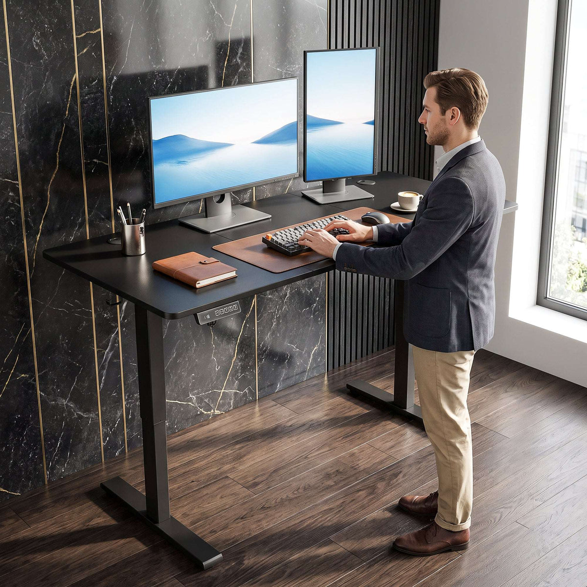 HOMCOM Standing Desk Memory Control Height Adjustable Desk 2 Cable Holes LED Display Sit Stand Desk Black