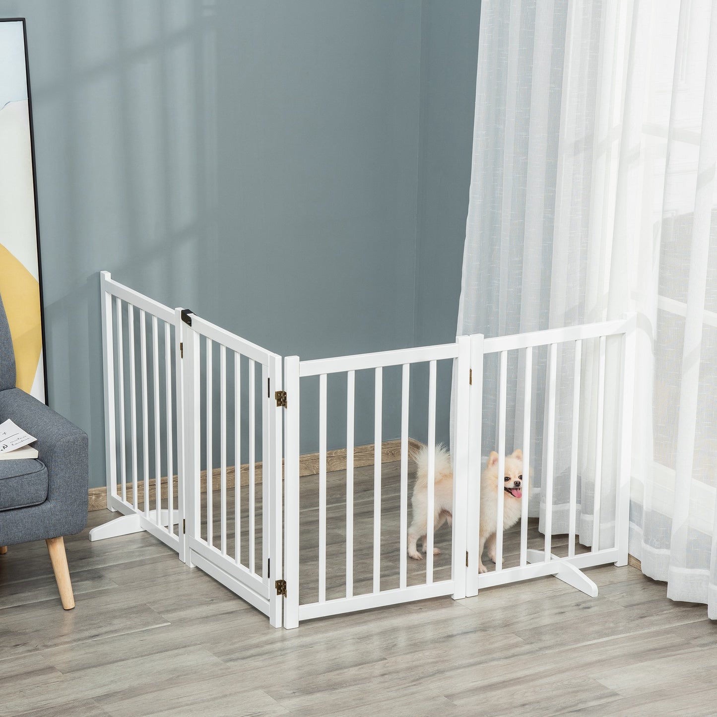 PawHut Wooden Dog Gate, Dog Fence Indoor, 80 cm Tall Freestanding Pet Gate for Small and Medium Dogs with 4 Panels, 2 Support Feet, White