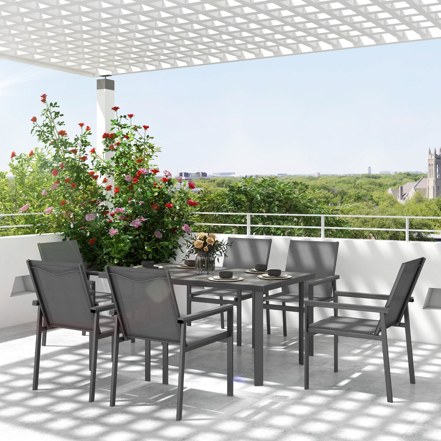 Outsunny Seven-Piece Metal Dining Set, with Glass-Top Table - Grey