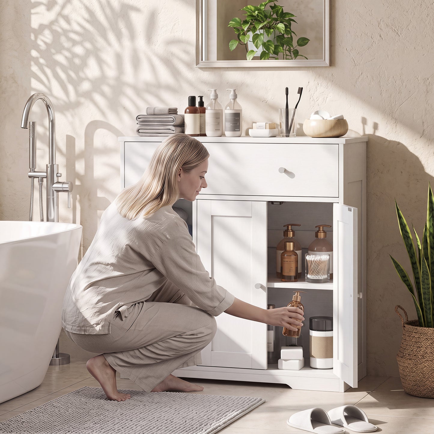 HOMCOM Bathroom Floor Cabinet, Freestanding Bathroom Cabinet with Drawer, Door, Open Shelves, White