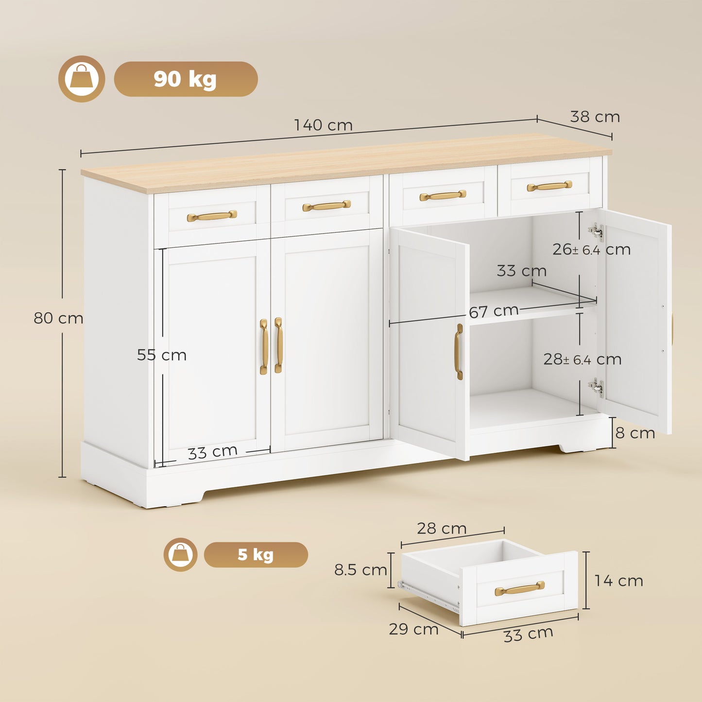 HOMCOM Sideboard Buffet Cabinet, 140 cm Kitchen Storage Cabinet with 4 Drawers, 4 Doors and 2 Adjustable Shelves, White